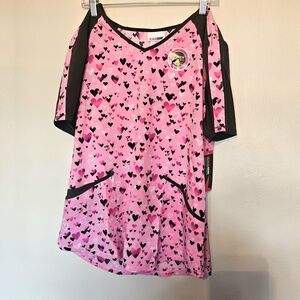 Scrubstar Pink Black Scrub Heart Print Top Lg
